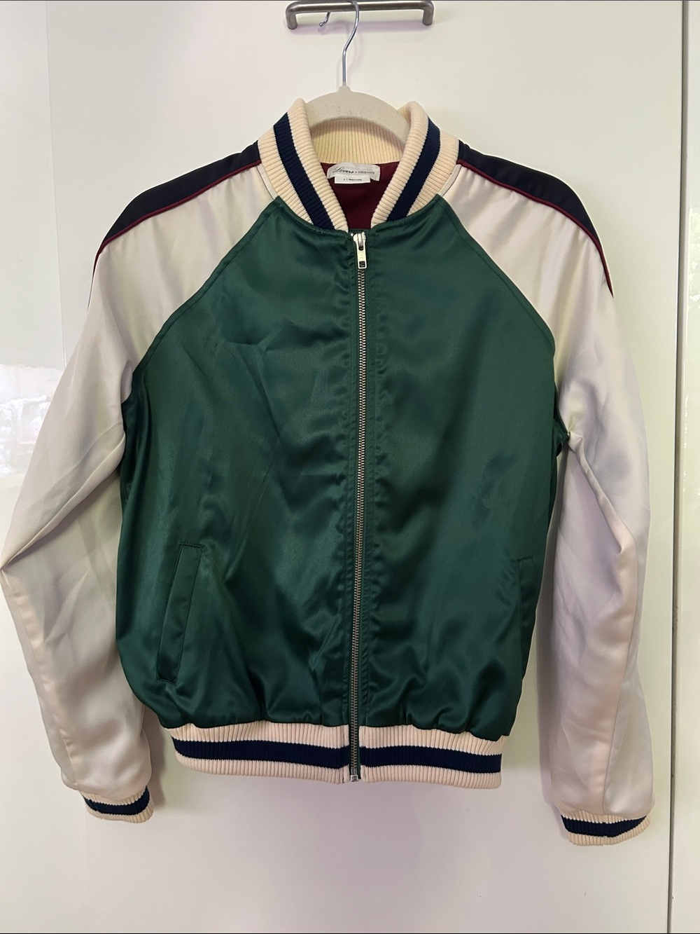 Lover’s + Friends Women’s Green Satin Bomber Jacket with Cream and Navy Sleeves